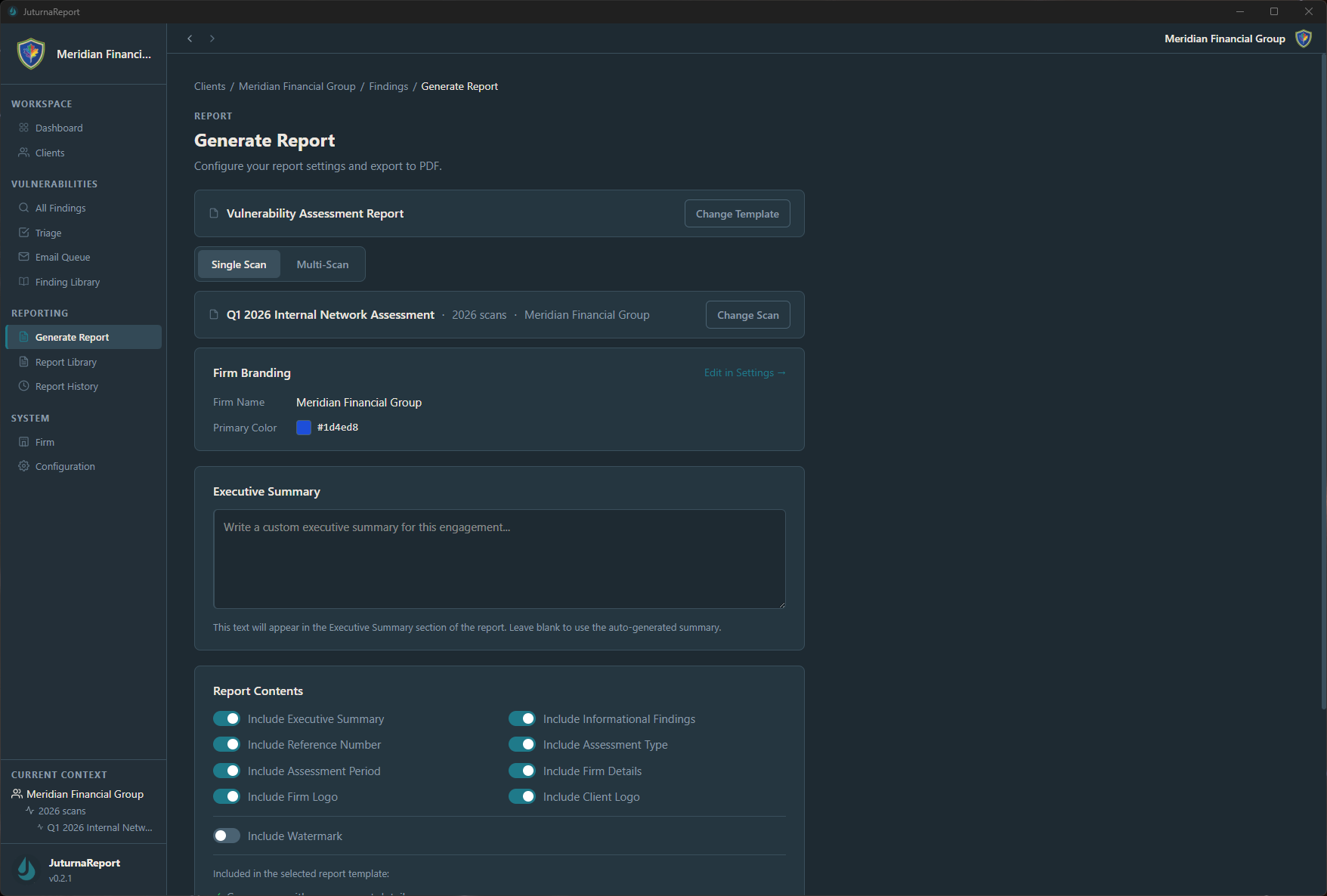 JuturnaReport report generation screen showing template selection, firm branding with name and color, executive summary text area, and report content toggles including executive summary, reference number, improvement period, informational findings, assessment type, finding details, and client logo