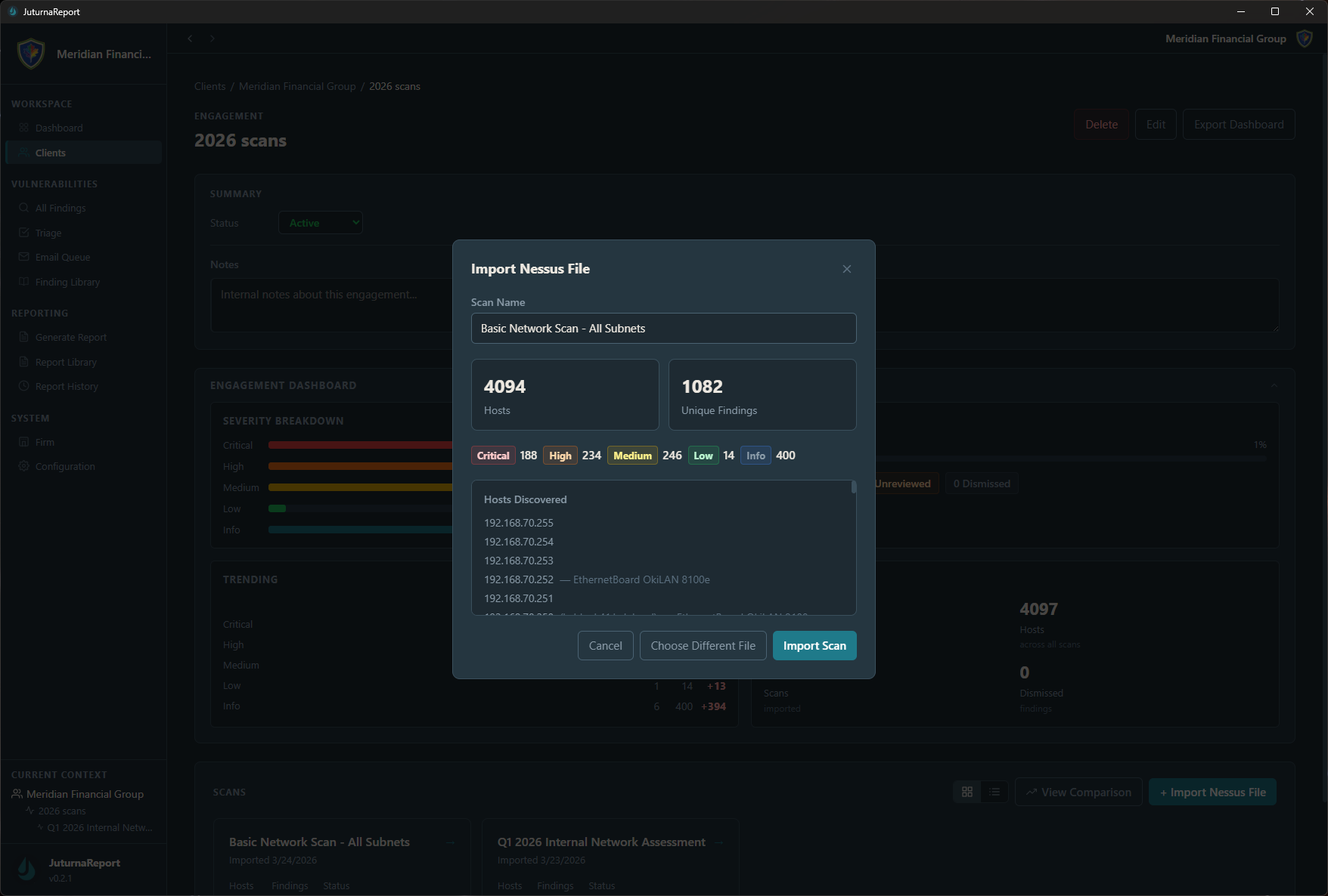 JuturnaReport import screen showing scanner file selection and import configuration options