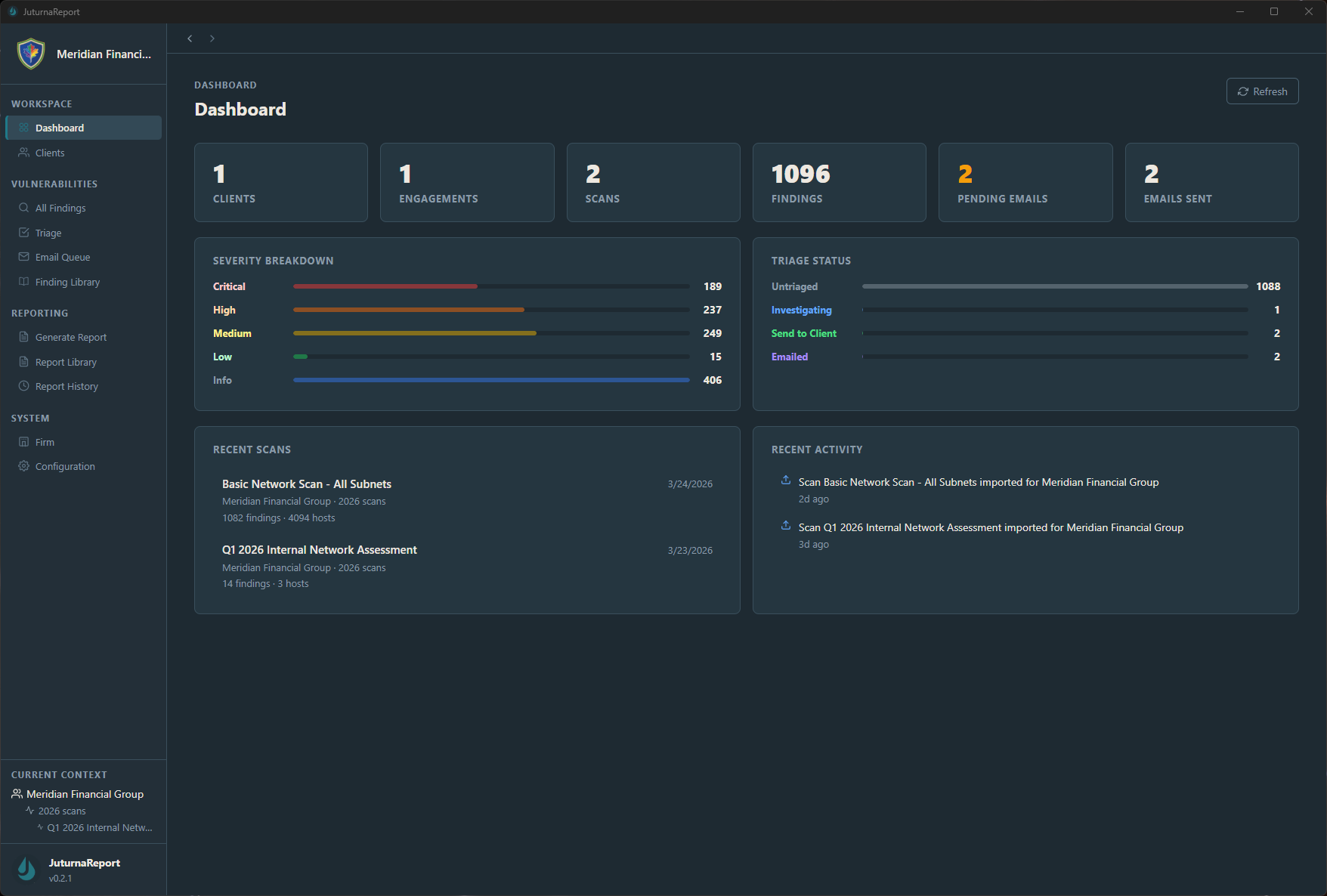 JuturnaReport dashboard showing engagement overview with recent clients, findings summary, and quick actions